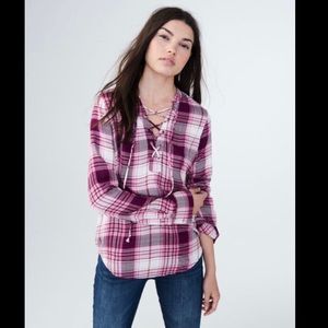 Long Sleeve Plaid Lace Up Woven Shirt